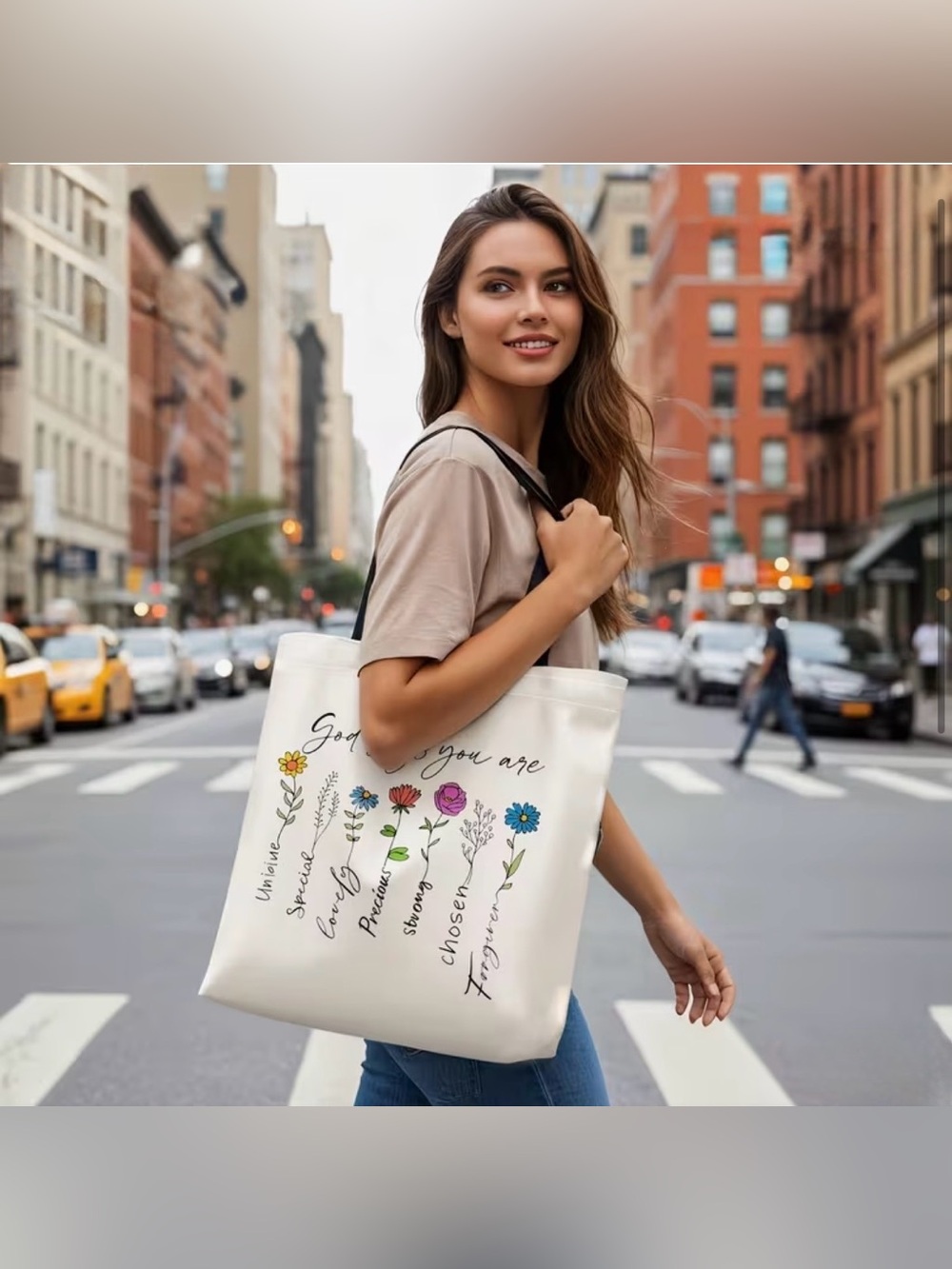 Canvas Floral 'God Says You Are' Tote Bag in Cream - Picture 4 of 10